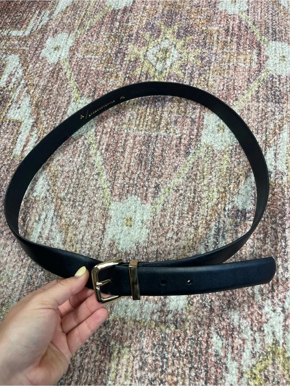 Anthropologie Black Leather Belt Gold Buckle Size XL